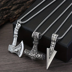 Men's Viking Necklace Hammer Compass Knot Wolf Axe Pendant