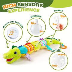 Green Crocodile Music Crinkle Rattles Sensory Toy for Infants Tummy Time