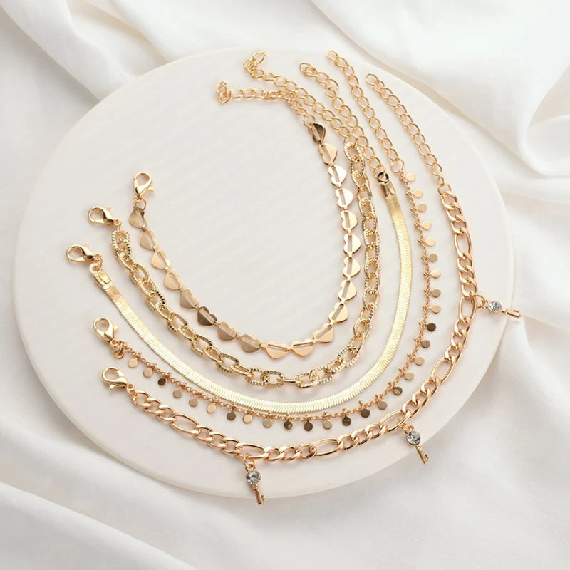 5Pcs Heart Anklet Chain Set for Women, Boho Foot Jewelry Gift