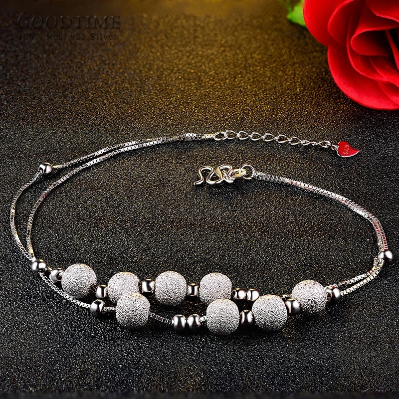 925 Sterling Silver Anklet Frosted Beads Anklet for Women
