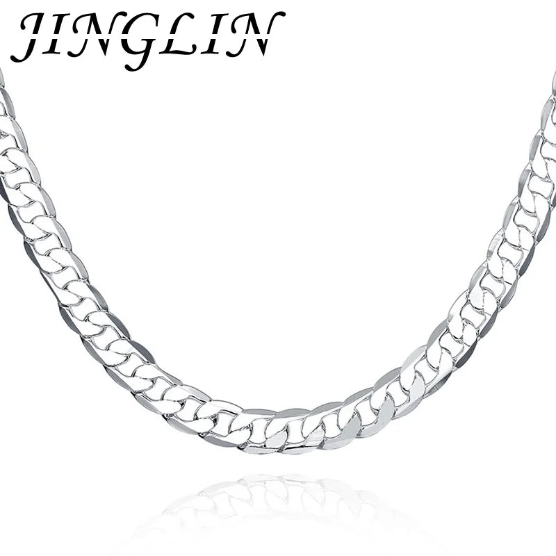 JINGLIN 925 Silver 8MM Chain Necklace 16-24 inch Flat Sideways Wedding Jewelry