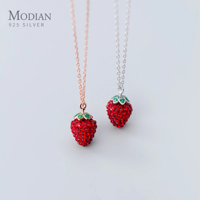 925 Silver Strawberry Pendant Necklace Crystal Chain Link Necklaces