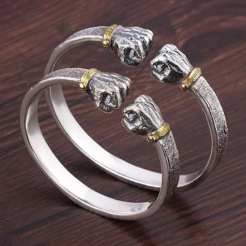 Men's 999 Silver Power Fist Cuff Bracelet Retro Personality Solid