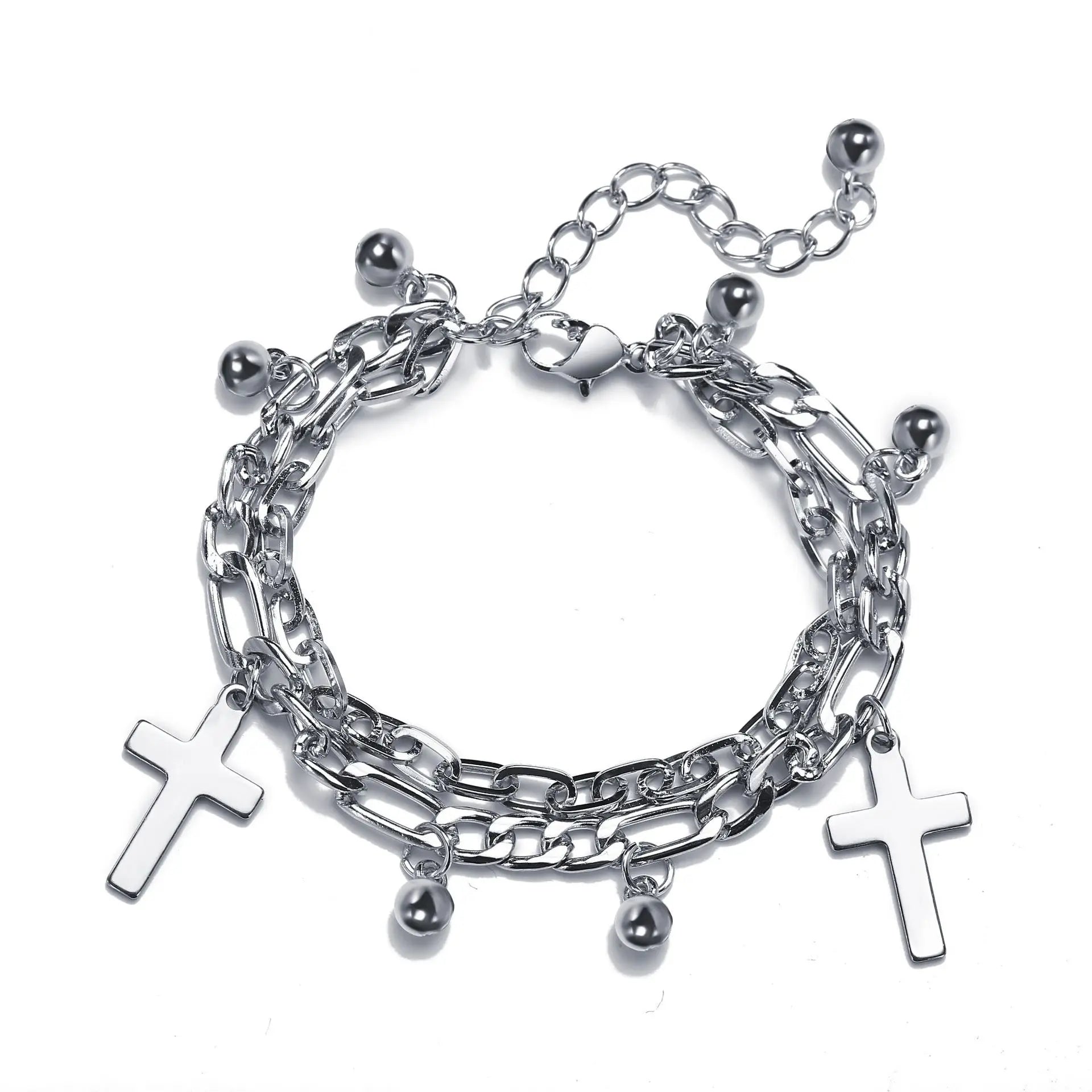 Punk Silver Chain Bracelet Cross Heart Bear Pendant