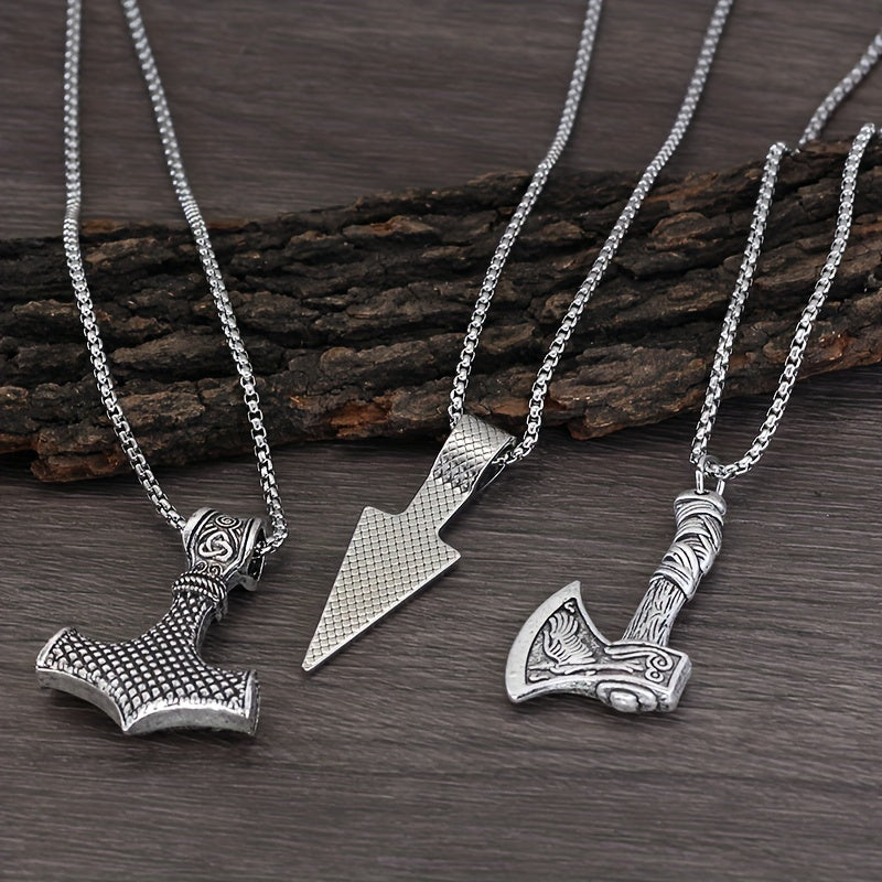 Men's Viking Necklace Hammer Compass Knot Wolf Axe Pendant