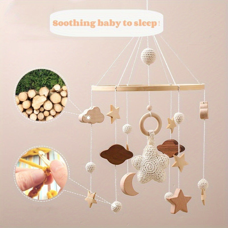 Wooden Stars Rattles Bed Bell Hand Crochet for Crib Stroller