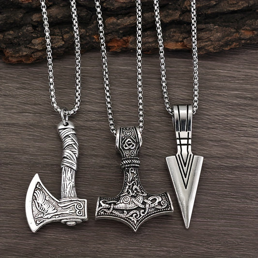 Men's Viking Necklace Hammer Compass Knot Wolf Axe Pendant