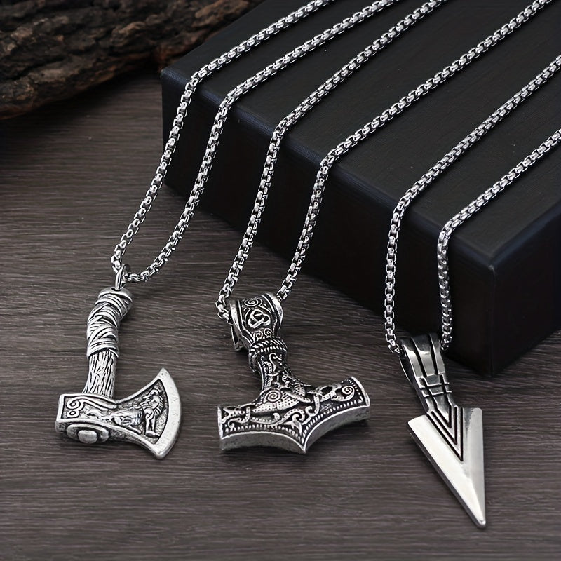 Men's Viking Necklace Hammer Compass Knot Wolf Axe Pendant