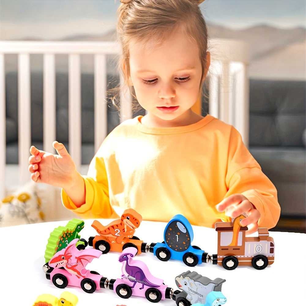 AotBlcer Wooden Dinosaur Train Magnetic Building Blocks Educational Toy
