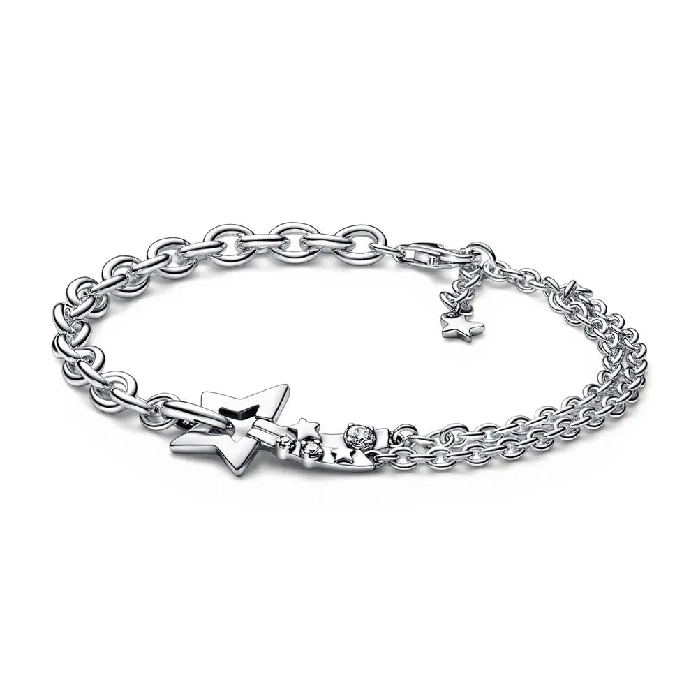 925 Silver Shooting Star Double Chain Bracelet Women Bead Charm Gift