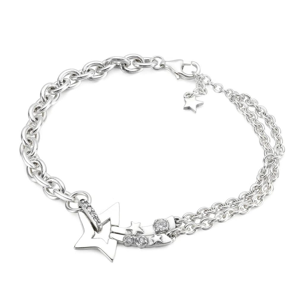 925 Silver Shooting Star Double Chain Bracelet Women Bead Charm Gift