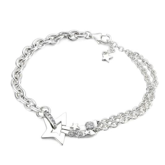 925 Silver Shooting Star Double Chain Bracelet Women Bead Charm Gift