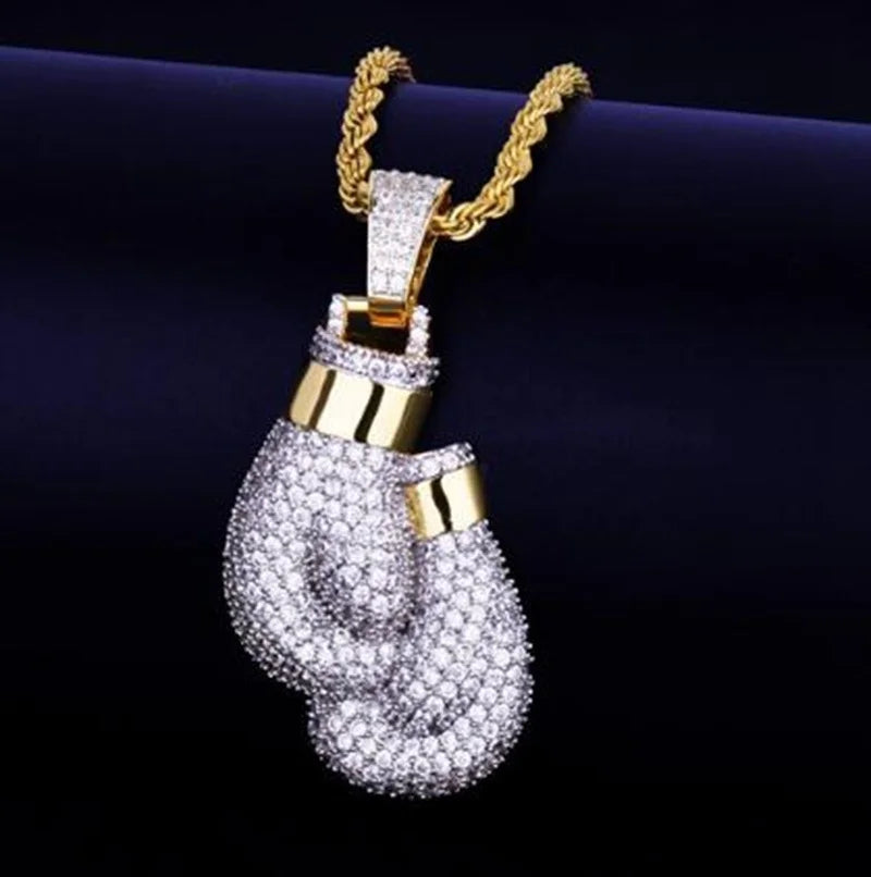 Hip Hop Ice Out Zircon Boxing Gloves Pendant Necklace Men Women