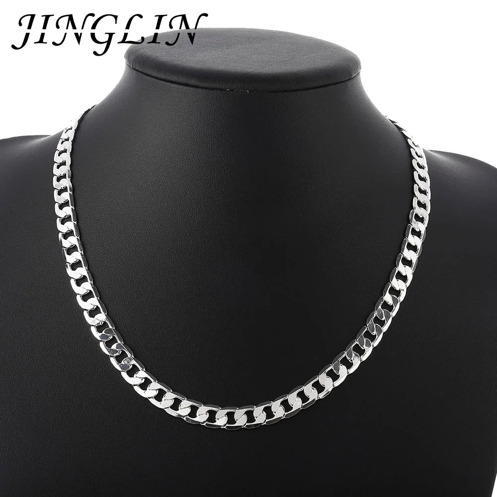 JINGLIN 925 Silver 8MM Chain Necklace 16-24 inch Flat Sideways Wedding Jewelry