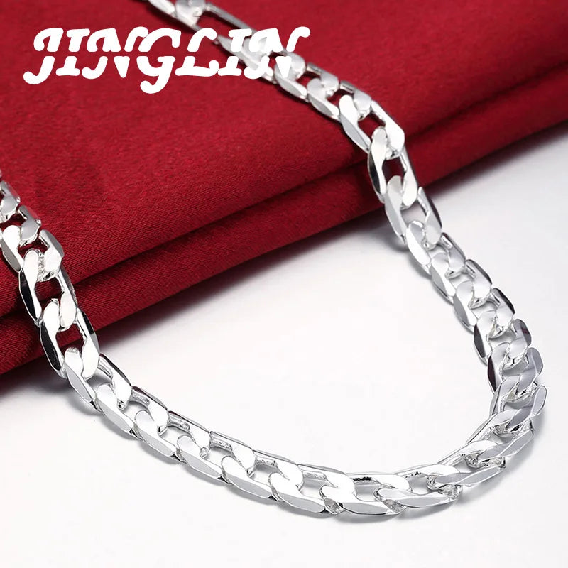 JINGLIN 925 Silver 8MM Chain Necklace 16-24 inch Flat Sideways Wedding Jewelry