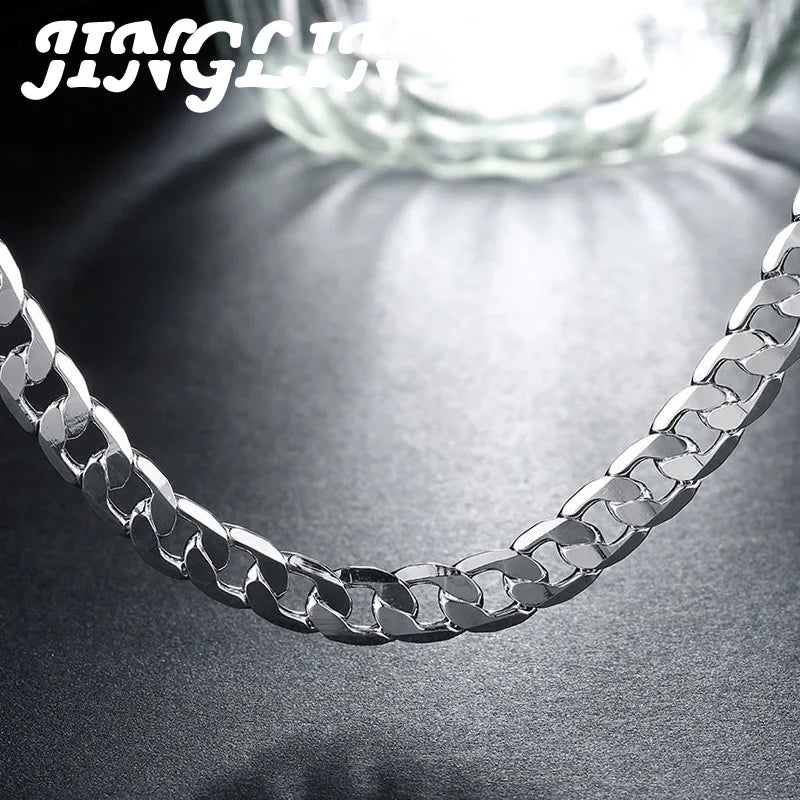 JINGLIN 925 Silver 8MM Chain Necklace 16-24 inch Flat Sideways Wedding Jewelry