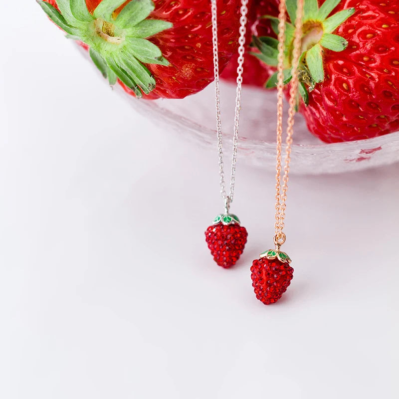 925 Silver Strawberry Pendant Necklace Crystal Chain Link Necklaces