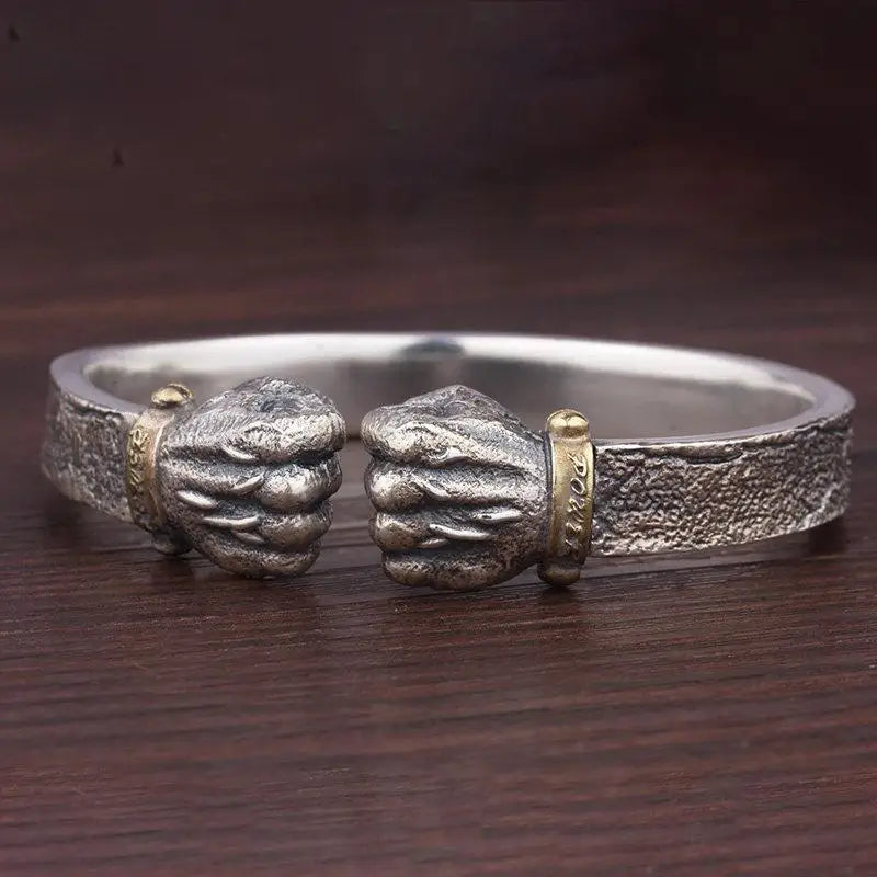 Men's 999 Silver Power Fist Cuff Bracelet Retro Personality Solid