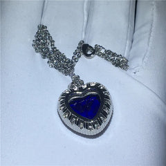 925 Silver Heart of the Ocean Sapphire Pendant Necklace for Women