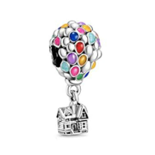 Up House & Balloons Charm 925 Sterling Silver Orange Bird Dangle Charm