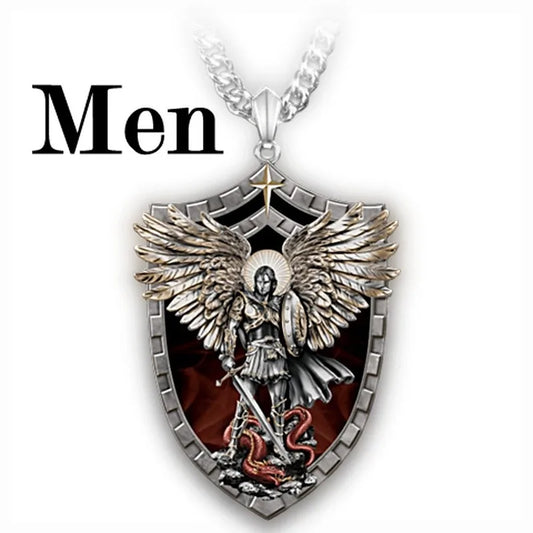 Vintage Men's Saint Michael Pendant Necklace Knight Shield Jewelry