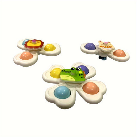 3 Cartoon Animal Spinning Tops with Suction Base - Safe Plastic Spin Toy
